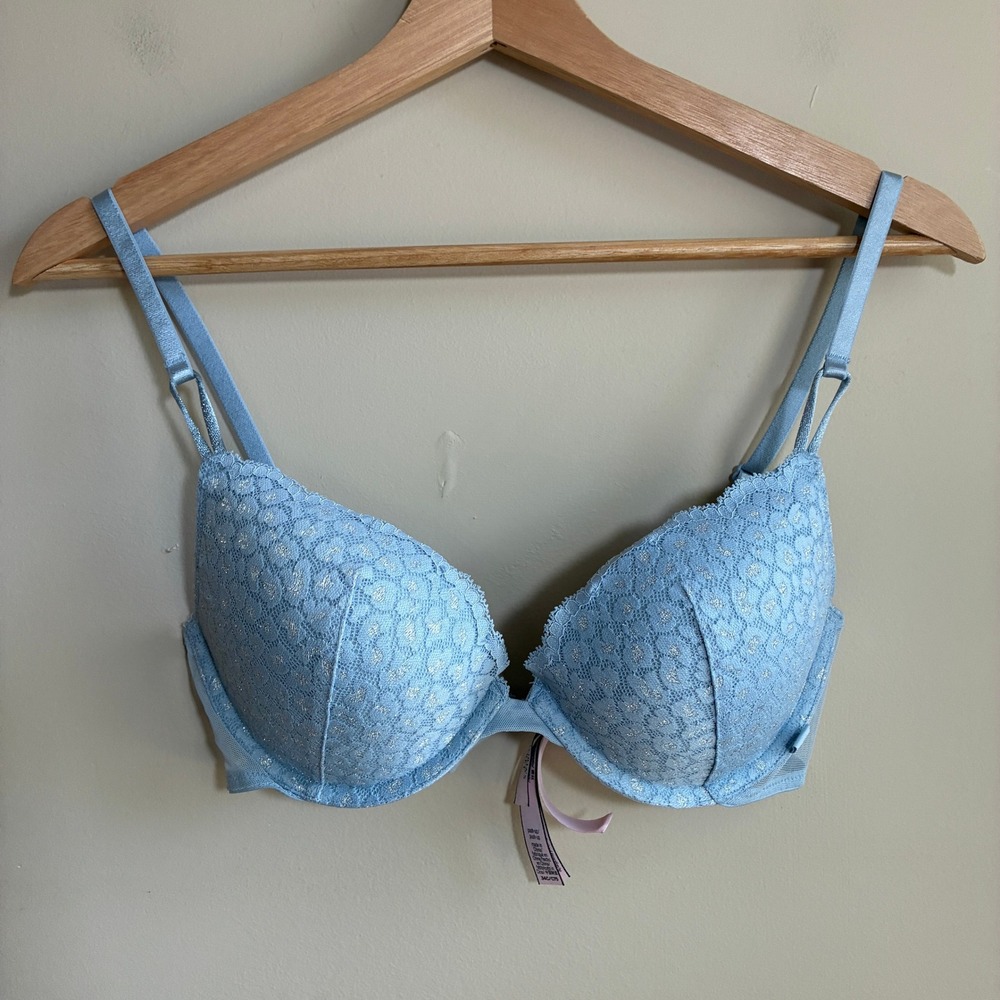 Victoria's Secret Push-Up Bra 34C Blue Silver Metallic Lace Womens Underwire